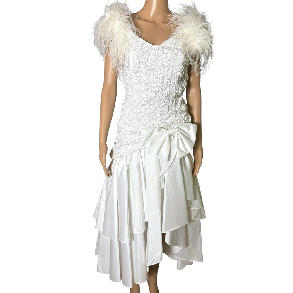Betsy & Adam Vintage 80s White Feather Shoulder High Low Cocktail Dress